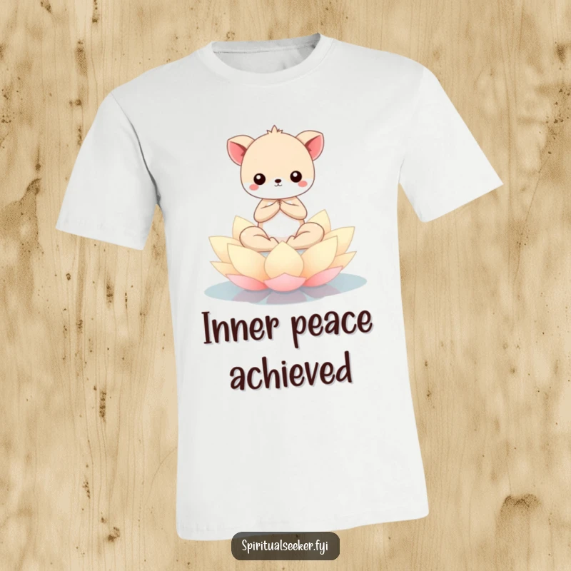 Funny Kawaii animal in a serene meditation pose on a floating lotus flower, depicted on a comfortable t-shirt for peaceful moments.