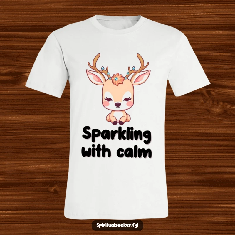 Funny T-Shirt: A cute kawaii deer with sparkling crystal antlers, looking peacefully ahead, embodying tranquility.