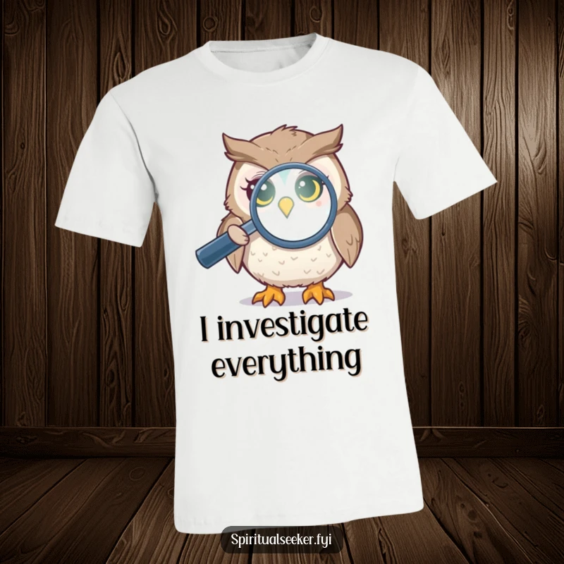 Funny owl t-shirt with a curious bird using a magnifying glass to inspect a shimmering aura, perfect for inquisitive minds and humor lovers.