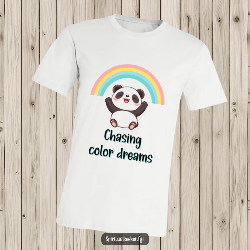 Funny t-shirt featuring a joyful panda looking up at a bright rainbow with a contented smile, embodying optimism.