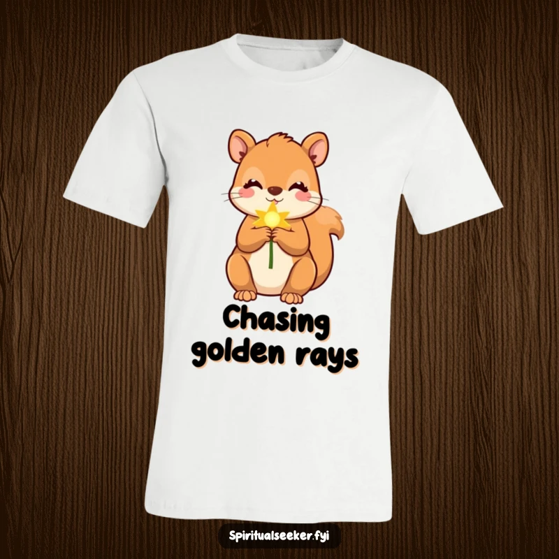Funny squirrel t-shirt featuring a cute squirrel holding a bright golden ray, a humorous and optimistic design.