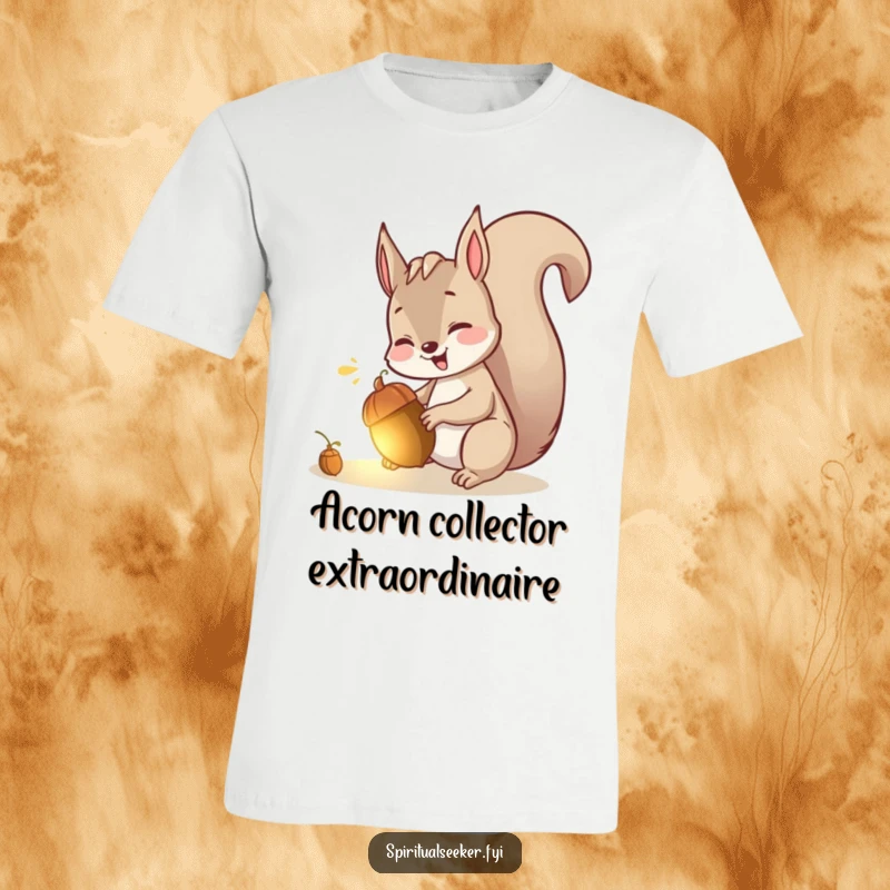 Funny t-shirt depicting a giggling squirrel finding a luminous, hidden acorn, highlighting playful discovery.