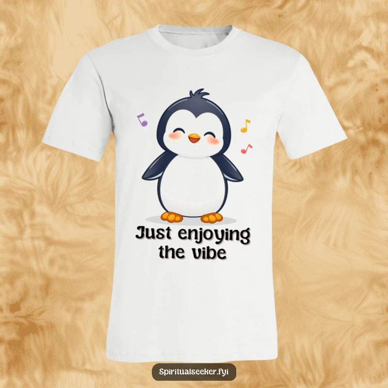 Funny t-shirt featuring a cheerful penguin character blissfully listening to nature sounds, embodying tranquility and joy.