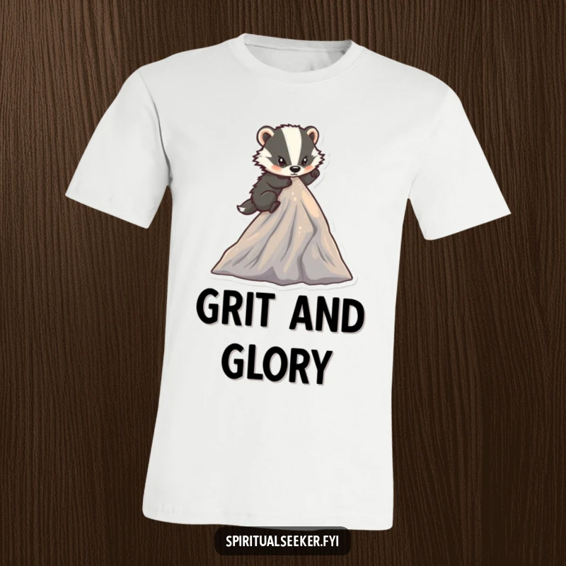 Funny determined badger t-shirt showing a character climbing a small, sparkling mountain peak, representing ambition and humorous perseverance.