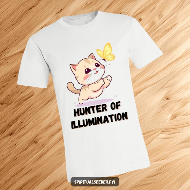 Funny kawaii cat t-shirt showing a cute cat gleefully pursuing a shimmering butterfly with energetic, playful movements.