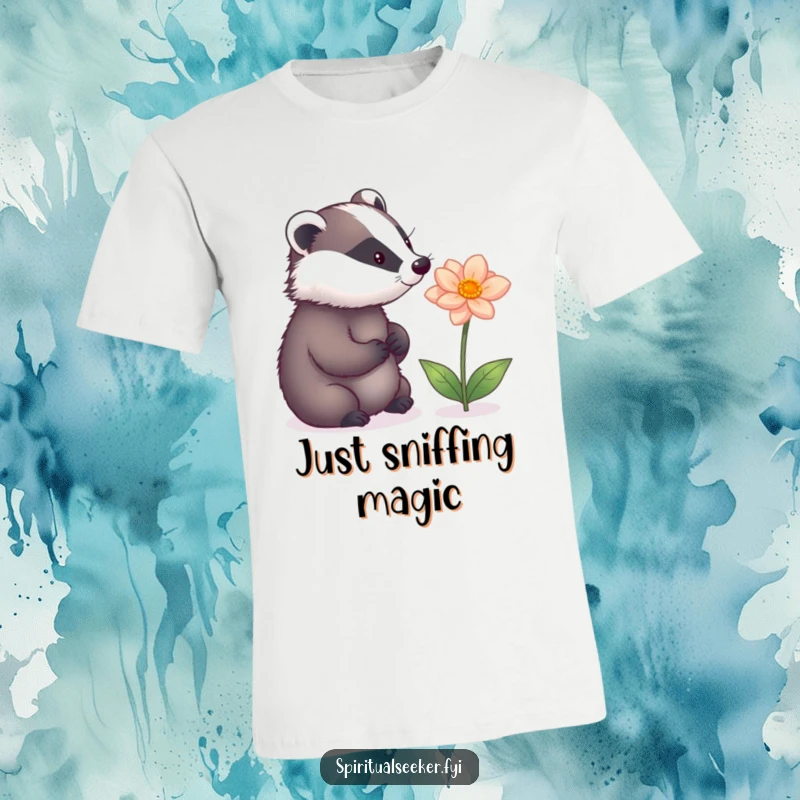 Funny t-shirt showcasing a contemplative badger marveling at an iridescent, magical flower, capturing a serene and whimsical scene.