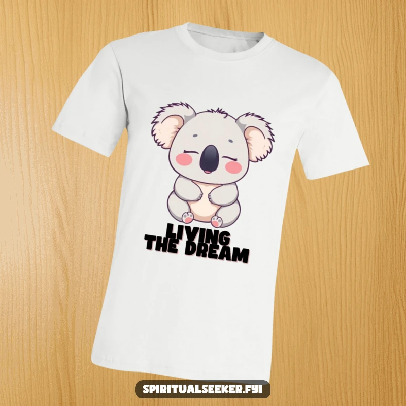 Funny t-shirt with a peaceful koala character with closed eyes, looking content and relaxed, an excellent funny gift.