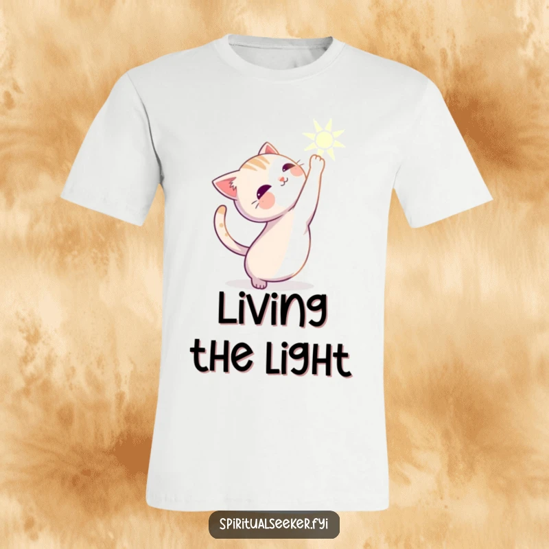 Funny cat t-shirt featuring a serene character stretching gracefully towards a bright, ethereal beam of light.
