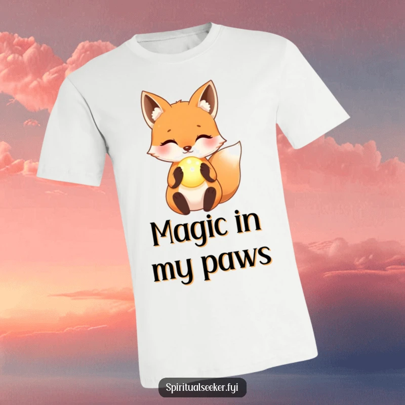 Funny T-Shirt: A kawaii fox with a calm, serene face, holding a luminous orb filled with gentle light.