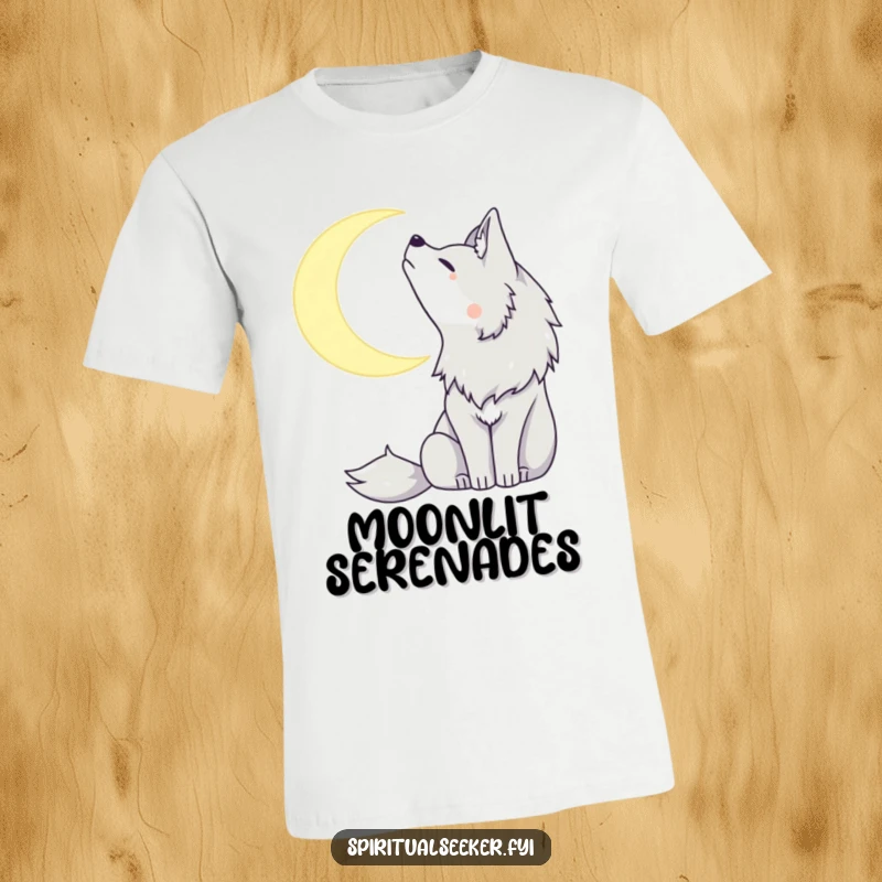 Funny t-shirt showcasing a peaceful wolf emitting a soft howl towards a charming crescent moon, a symbol of nocturnal beauty.