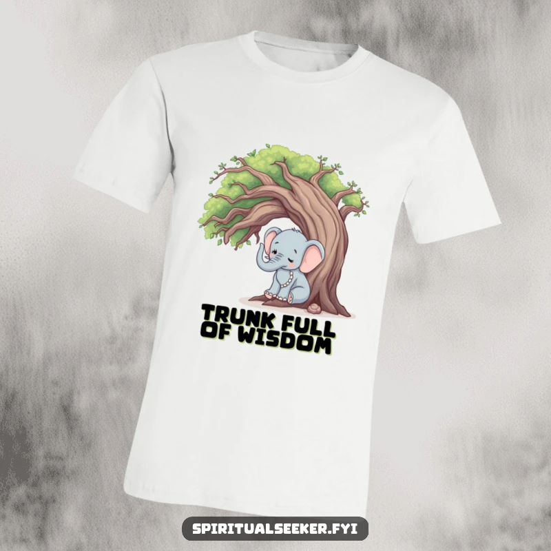 Funny elephant tree hugger t-shirt, a gentle elephant touching an old tree, symbolizing peace and environmental love.