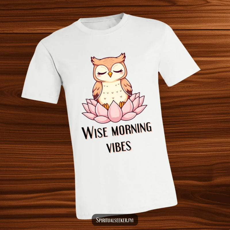 Funny T-Shirt: A cute kawaii owl in a serene meditation pose atop a lotus flower, radiating peace.
