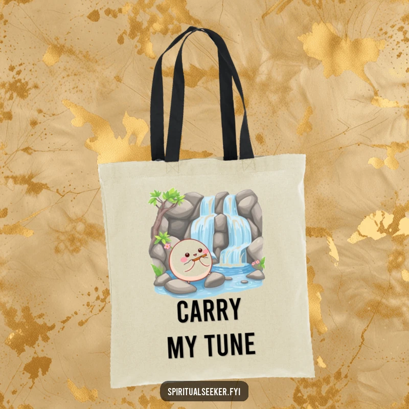 Funny tote bag showcasing a happy, bouncy ball creature playing a tiny flute beside a serene waterfall, a musical accessory.