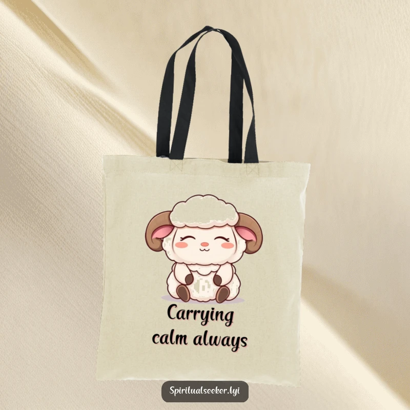 Funny sheep tote bag with a fluffy character meditating serenely, eyes closed, and a peaceful smile, perfect for carrying joy.