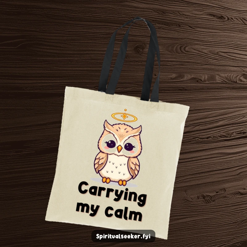 Funny Owl tote bag illustrating a wise, haloed bird in a meditative pose, great for humor and carrying.