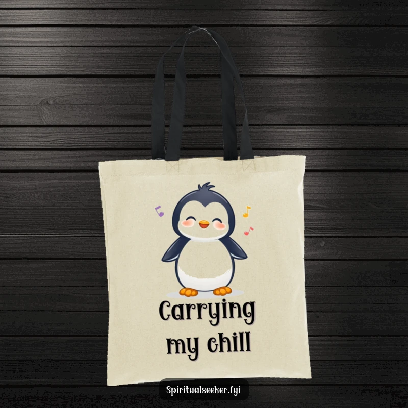 Funny tote bag with a cheerful penguin character listening to nature sounds, perfect for carrying items with a touch of the wild.