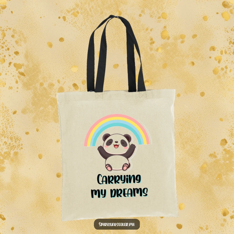 Funny tote bag depicting a smiling panda looking at a brilliant rainbow, symbolizing hope and a positive outlook.