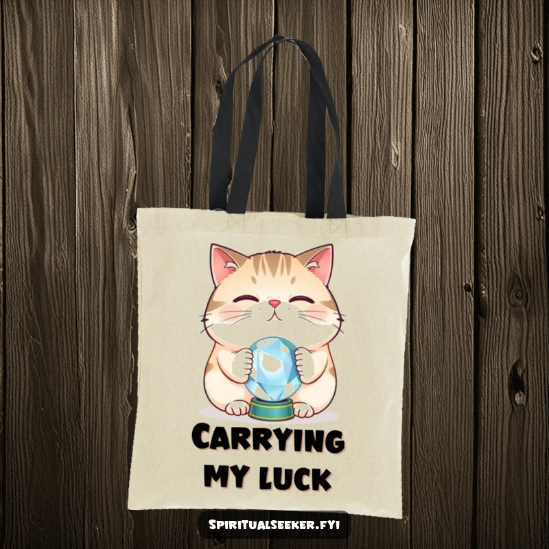 Funny cat crystal ball tote bag showing a plump cat balancing a tiny orb, perfect for carrying items with a hint of playful mystique.