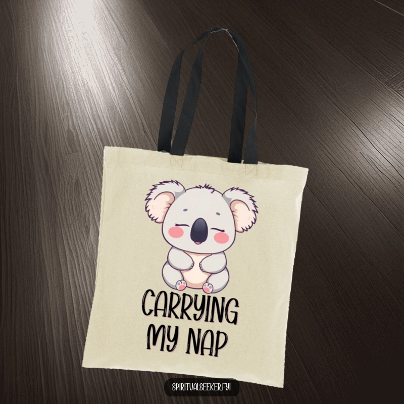 Funny tote bag with a peaceful koala looking content, ideal for carrying essentials with calm and humor, a perfect funny gift.