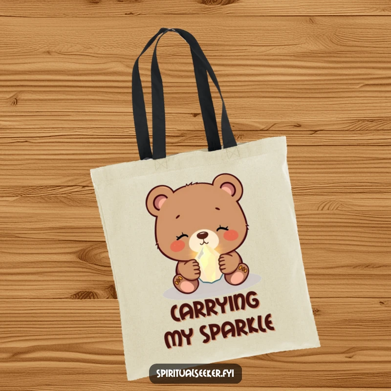 Funny bear cub tote bag showing a peaceful cub holding a tiny, glowing crystal, a charming and humorous accessory.