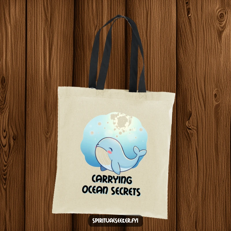 Funny whale tote bag featuring a thoughtful whale captivated by a soft, magical underwater glow. A charming funny gift.