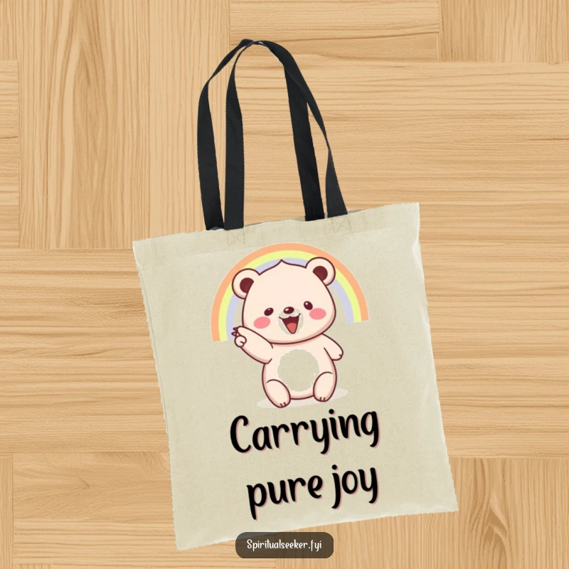 Funny tote bag: A delighted bear gestures animatedly towards a beautiful rainbow, signifying good fortune.