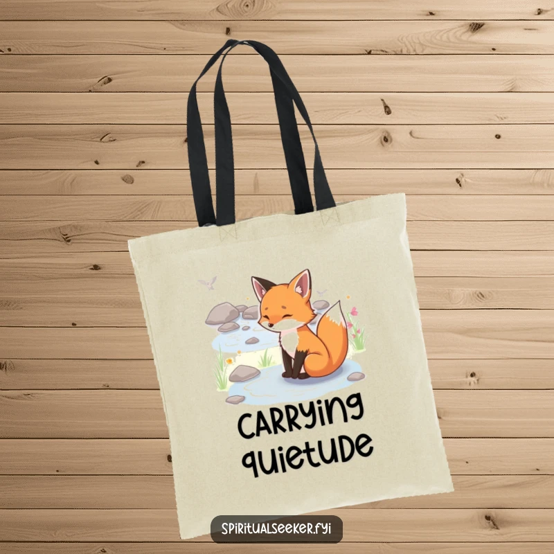 Funny serene fox tote bag, showing a peaceful fox by a stream, ideal for carrying essentials with natural humor.