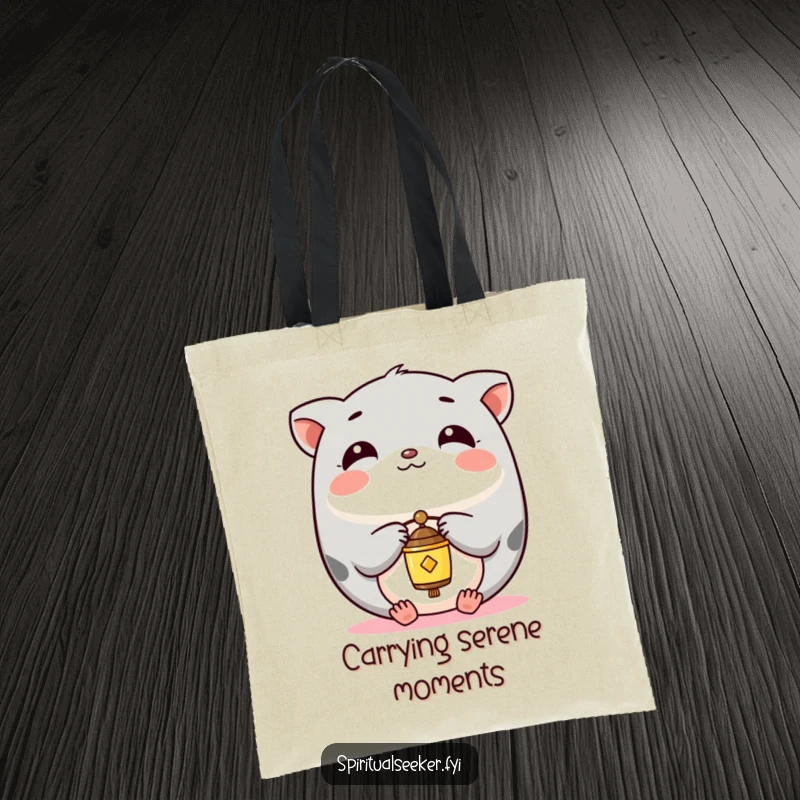 Funny Tote Bag featuring a serene Kawaii animal holding a tiny chime, perfect for carrying essentials with a peaceful vibe.