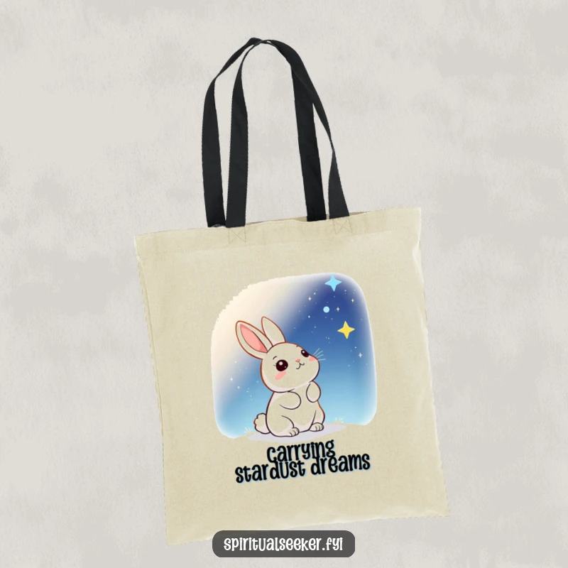 Funny Tote Bag: A kawaii rabbit looking up at a sparkling starry sky, perfect for carrying your discoveries.