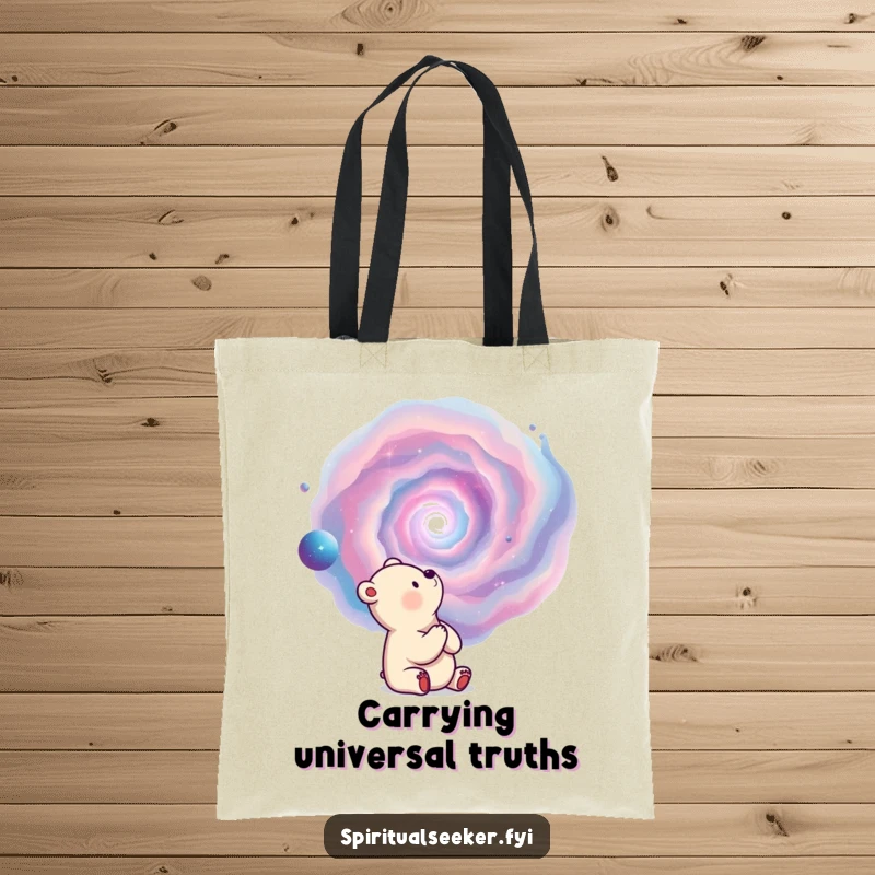 Funny tote bag with a thoughtful bear observing a swirling nebula, great for carrying cosmic inspiration.