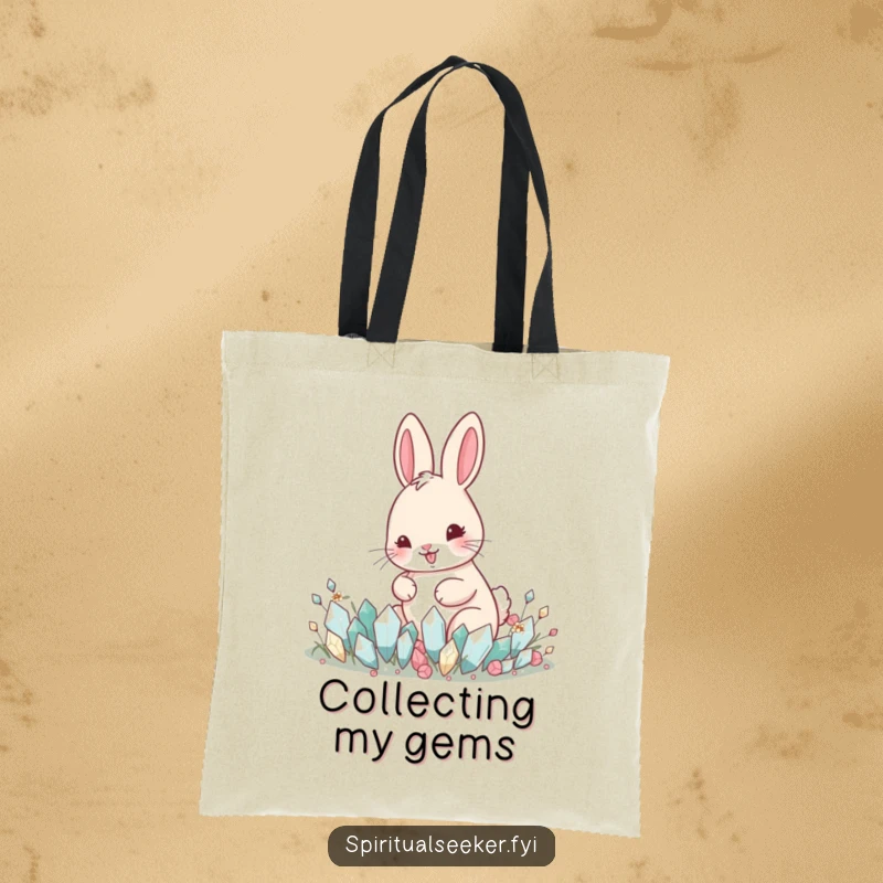 Funny tote bag with a happy rabbit tending a garden of tiny crystals, perfect for carrying magical finds.