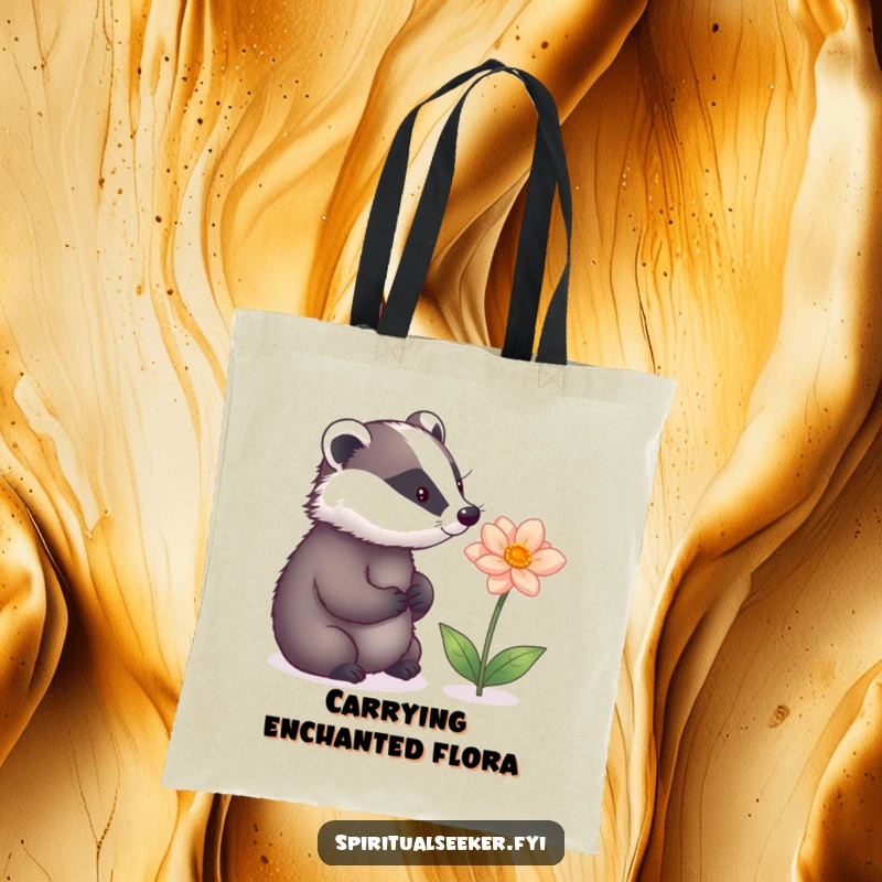 Funny tote bag with a thoughtful badger admiring a glowing magical flower, perfect for carrying books or groceries with whimsical flair.