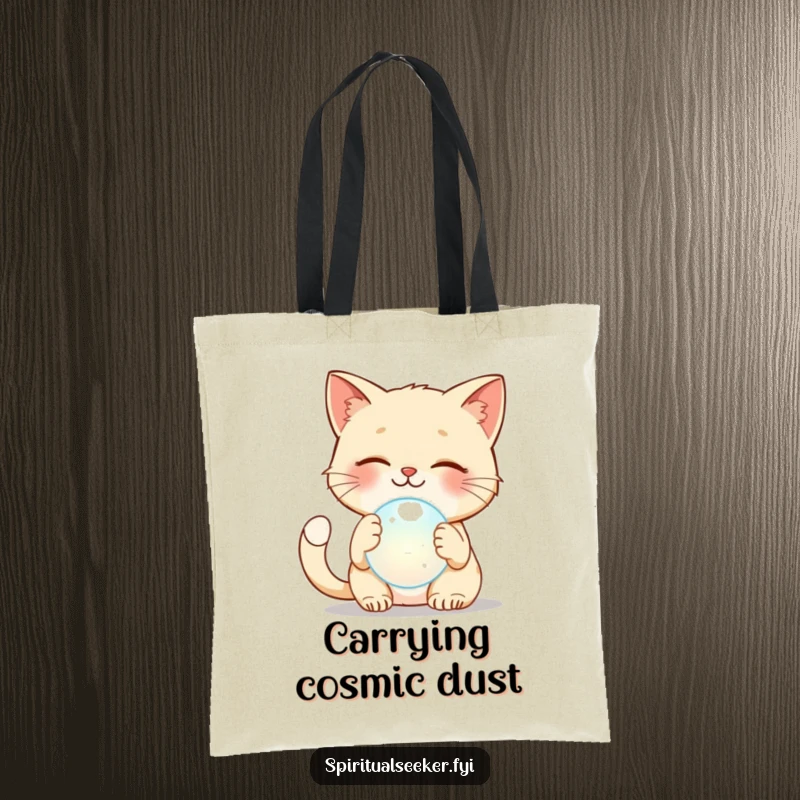 Funny cat tote bag showing a smiling cat curiously patting a soft, ethereal orb, a humorous accessory for daily use.