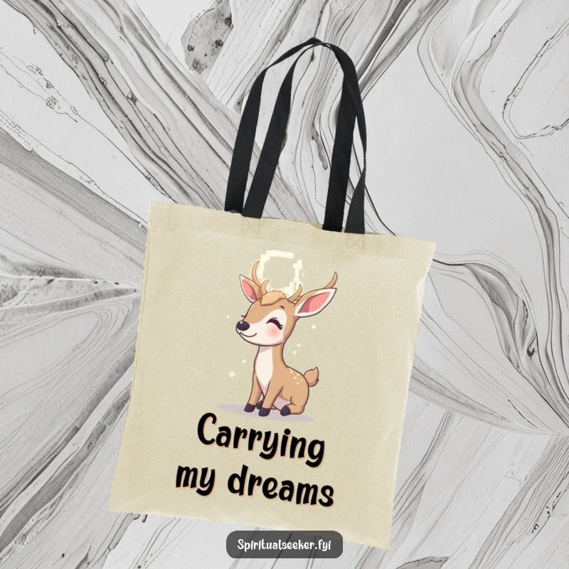 Funny contented deer tote bag, showing a peaceful deer gazing at a radiant light, ideal for carrying essentials with hopeful humor.