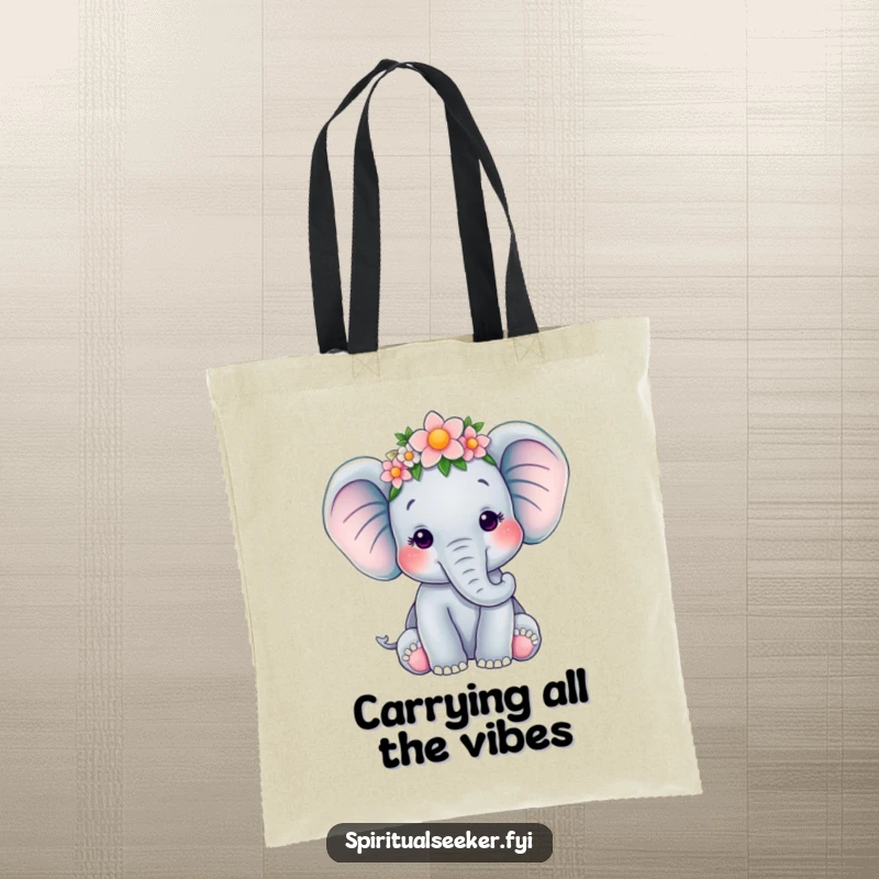 Funny tote bag with a serene elephant wearing a flower crown, perfect for carrying essentials with peace and humor, ideal funny gift.