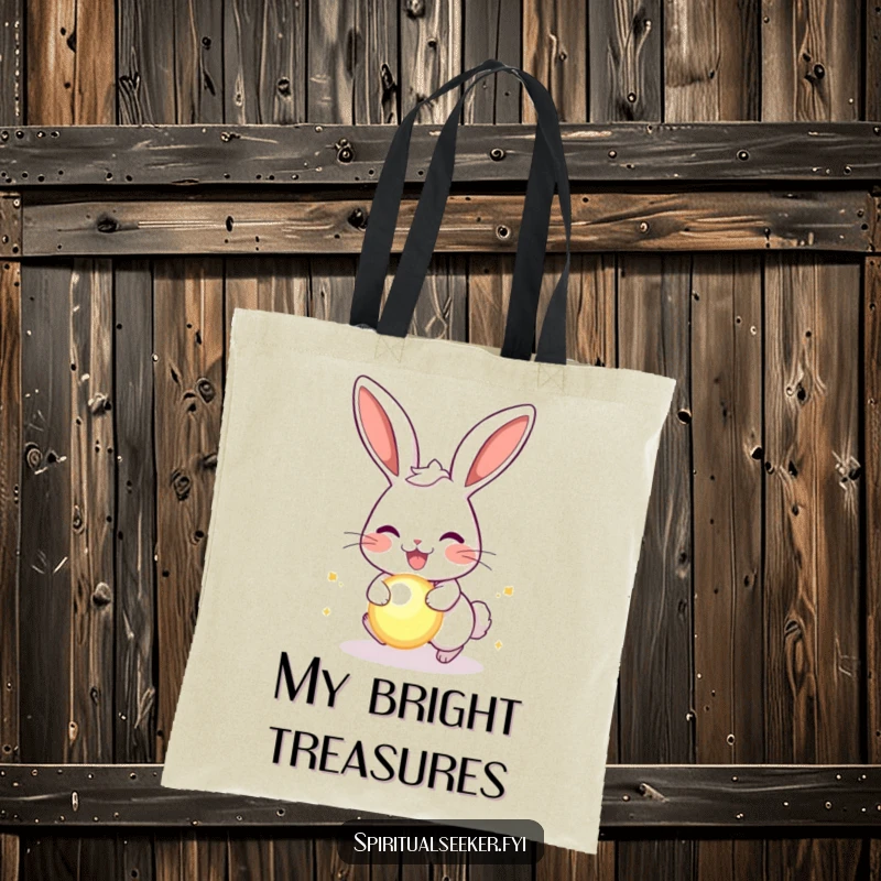 Funny joyful rabbit tote bag, showing a happy rabbit chasing a glowing orb, perfect for carrying daily items with humor.