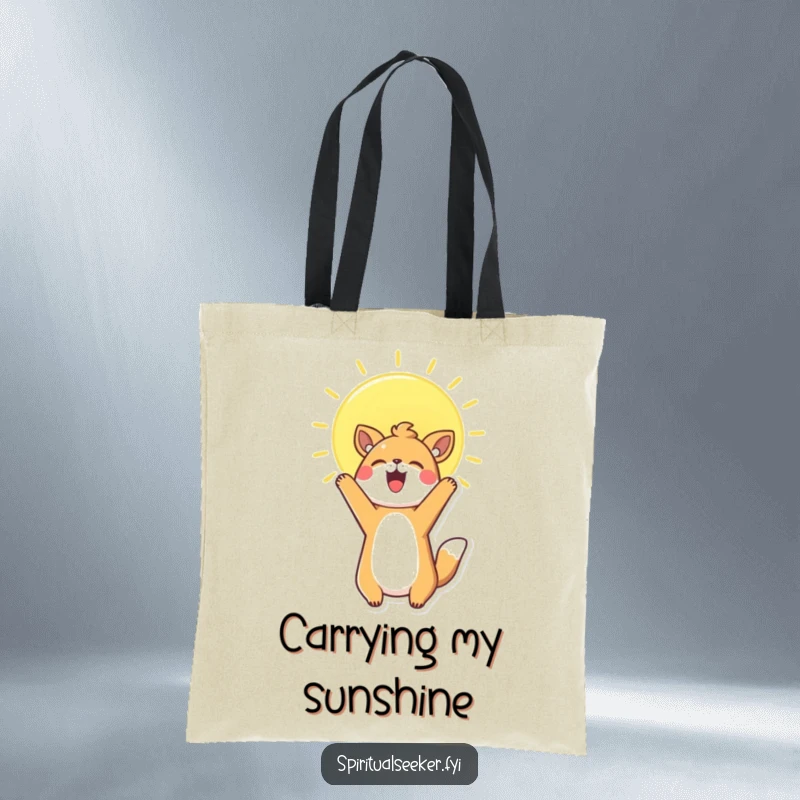 Funny Tote Bag with a cute Kawaii animal reaching for a bright sun, perfect for carrying essentials with a smile.