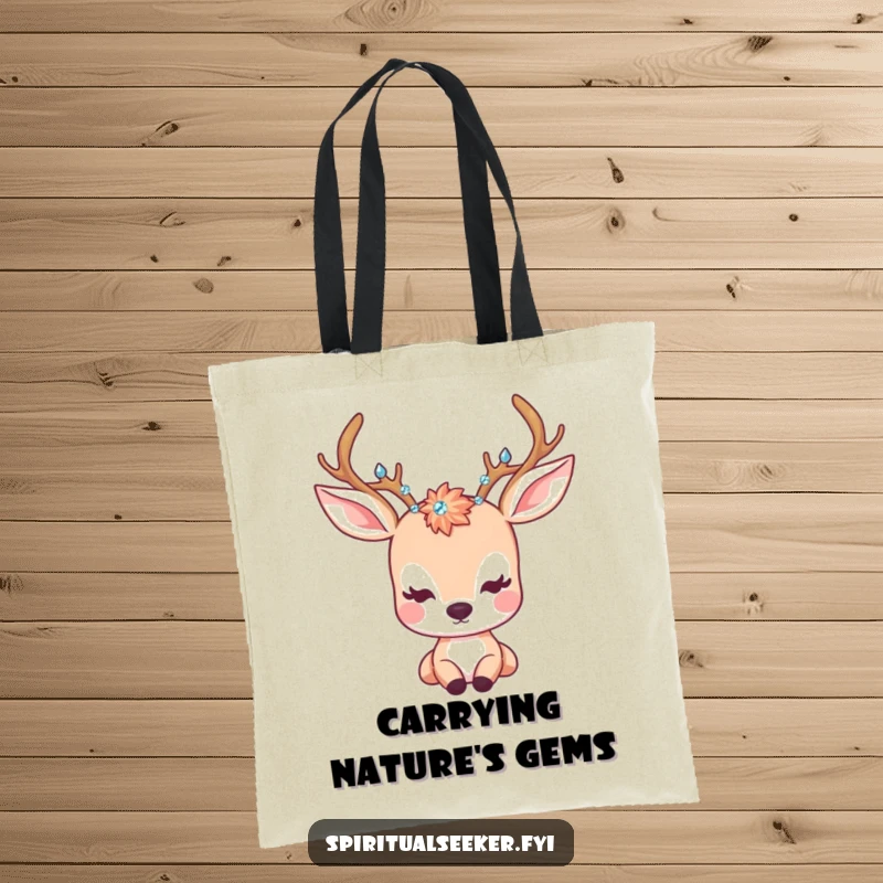 Funny Tote Bag: A kawaii deer with crystal-adorned antlers gazing peacefully, perfect for carrying daily items with grace.