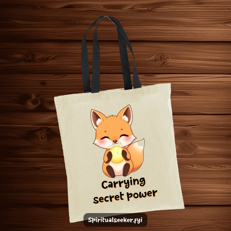 Funny Tote Bag: A kawaii fox holding a softly glowing orb, perfect for carrying your treasures with mystique.