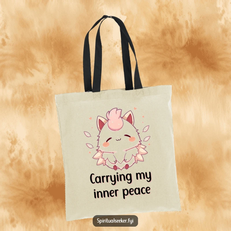 Funny Kawaii creature tote bag showcasing a peaceful smile and floating feathers, perfect for carrying daily essentials with grace.