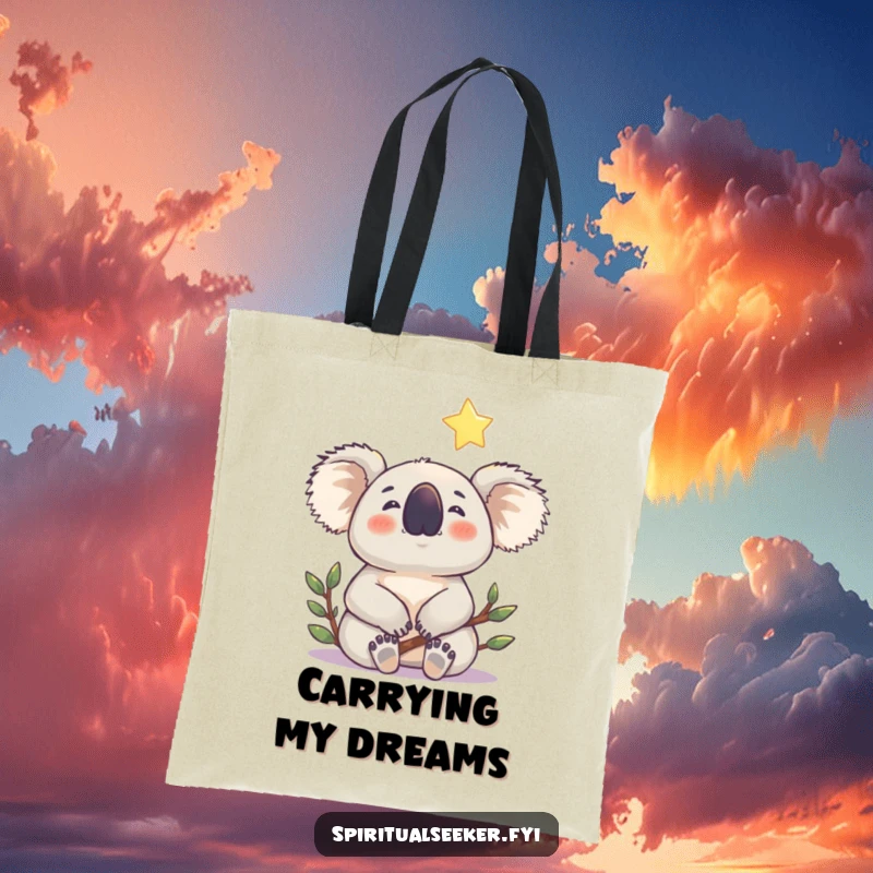 Funny koala tote bag depicting a contented koala gazing upwards at a gentle, shining star, a humorous and charming accessory.