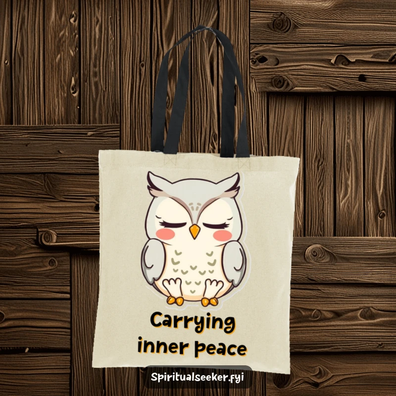 Funny meditating owl tote bag, showcasing a wise owl in peaceful meditation, ready to carry your goods with a smile.