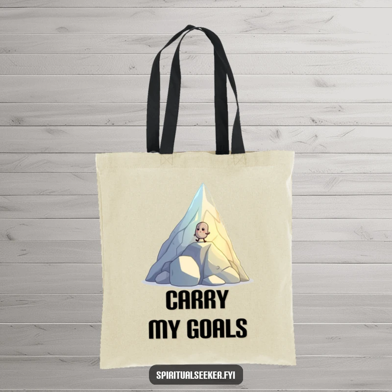 Funny tote bag showcasing a small, determined pebble creature hiking up a glowing, crystal mountain, a motivational accessory.