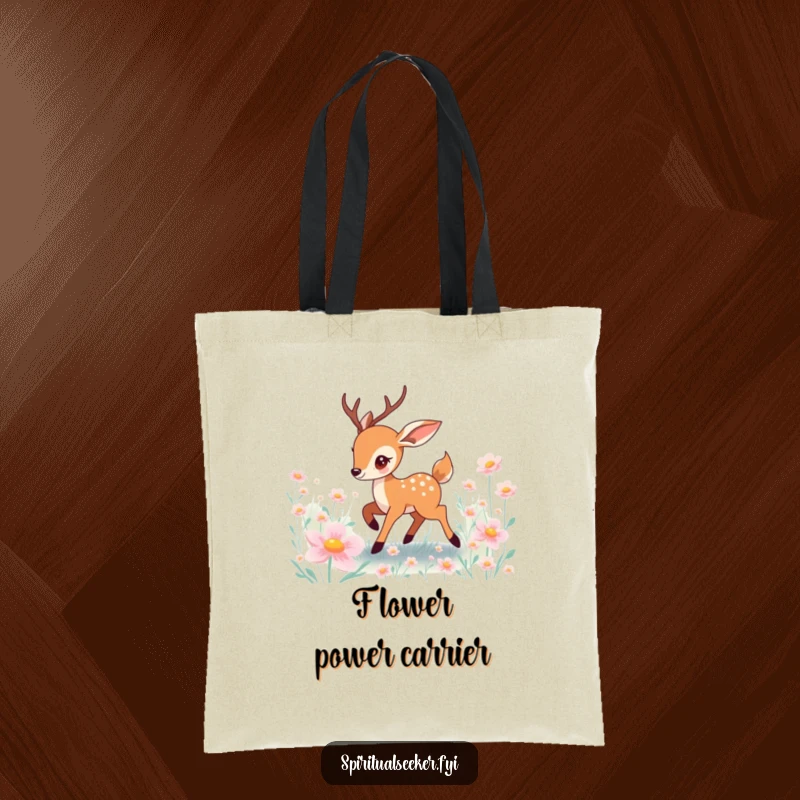 Funny deer tote bag featuring a playful character prancing through a field of brightly glowing, enchanting flowers.