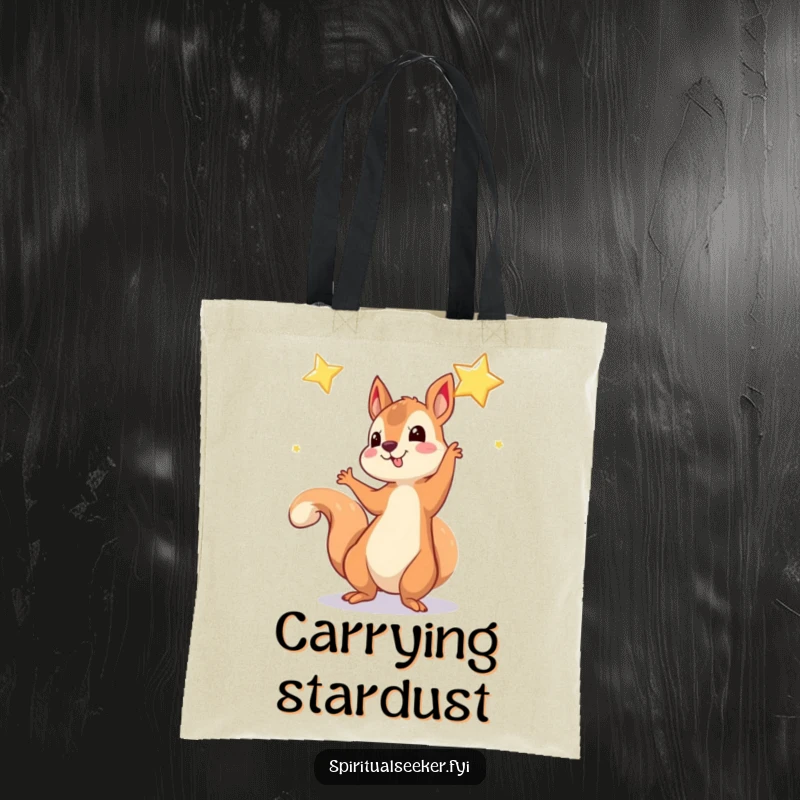 Funny Tote Bag: A whimsical squirrel reaching for a shimmering star, perfect for carrying your dreams.