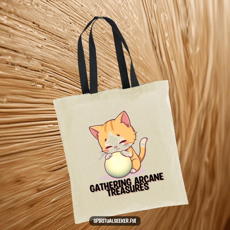 Funny tote bag featuring a curious cat exploring a glowing mystical orb, great for carrying magical finds.