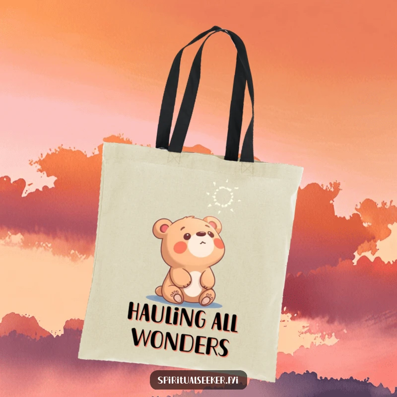 Funny curious bear tote bag, character looking up at ethereal light, symbolizing adventure and curiosity.