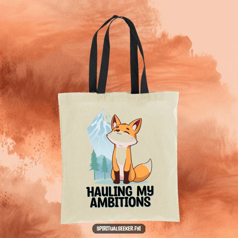 Funny Fox Tote Bag: A determined fox stretching towards a mountain peak, a humorous and practical accessory.