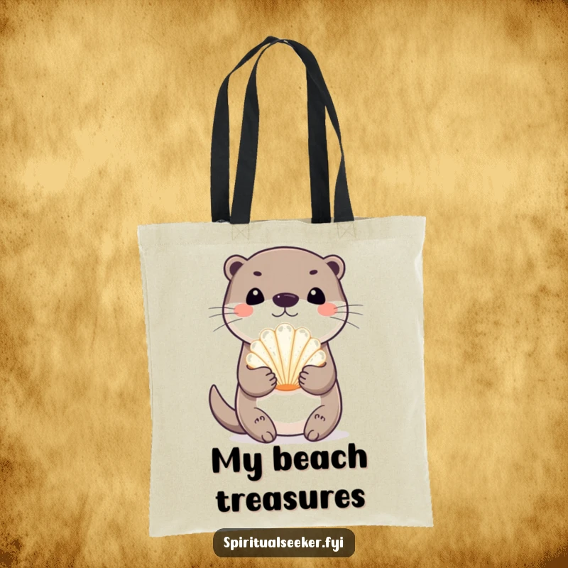 Funny playful otter tote bag, showing an otter gleefully holding a shiny seashell. A charming and humorous accessory for shopping and travel.