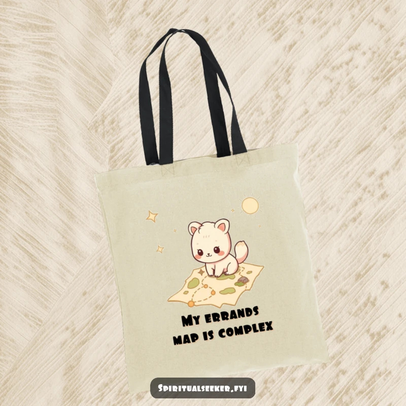 Funny Kawaii animal tote bag depicting a character navigating a mystical map, perfect for carrying daily treasures.